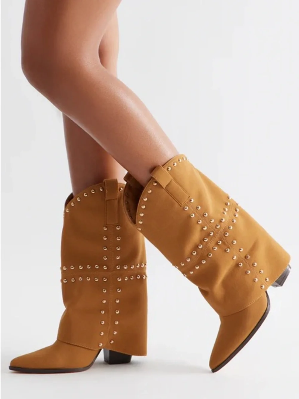 Studded Tan Brown Cowgirl Mid-Calf Overlay Boot - Picture 1 of 6